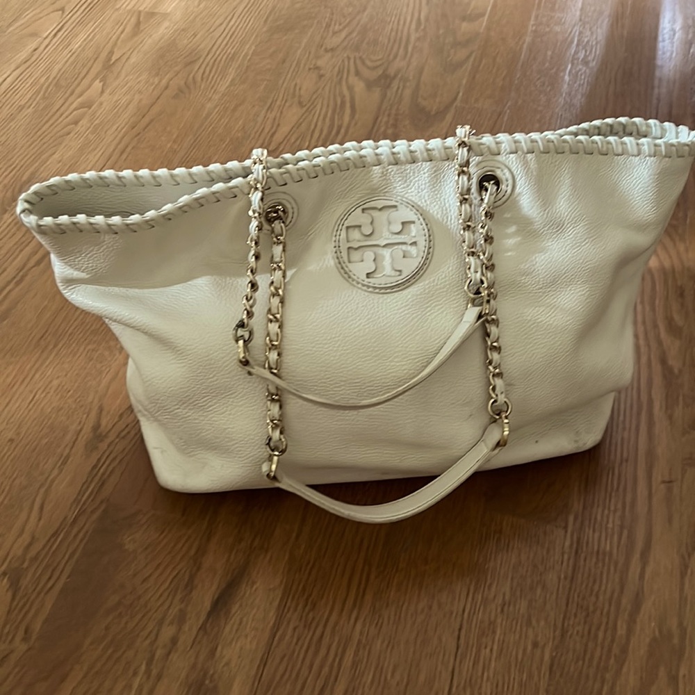 TORY BURCH small tote leather. Color is white not pure white but not ivory.